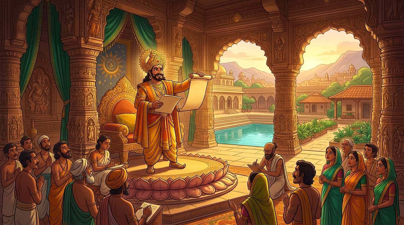 King Bhoja issues royal decrees establishing clean water tanks and herbal gardens