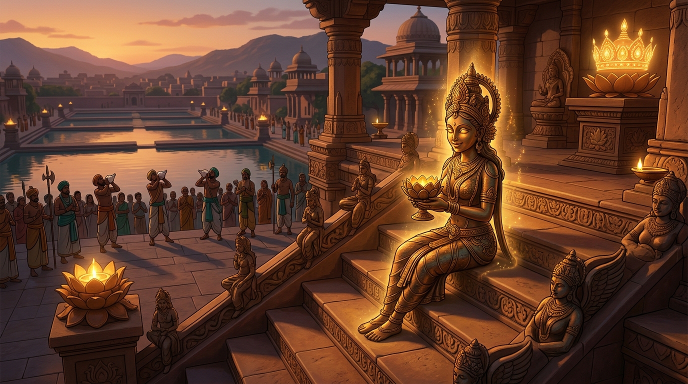 Twilight conches sound across Dharanagari as Prabhavati smiles and freezes back into silent bronze
