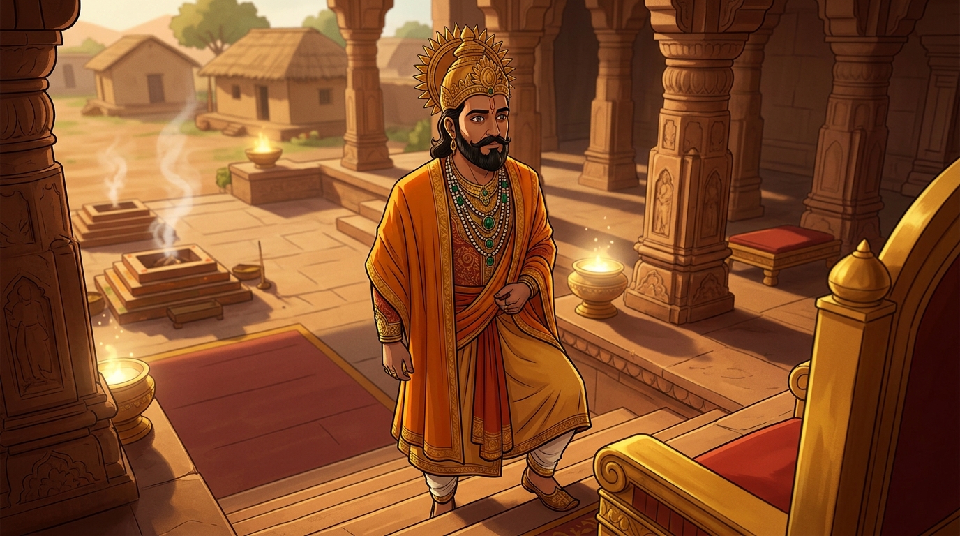 King Bhoja in sacred saffron silks approaches the seventh step with solemn stride