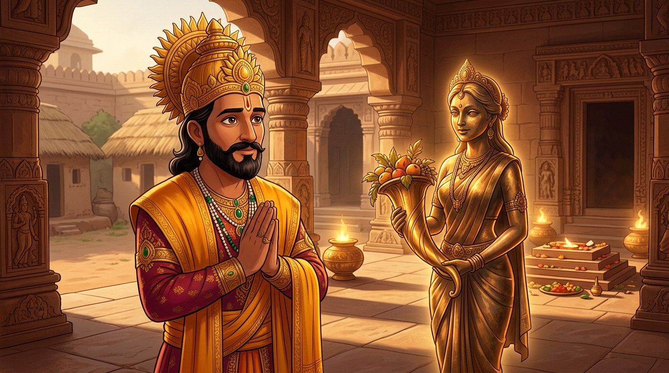 King Bhoja halts in deep reverence with folded hands, gazing at the living bronze maiden