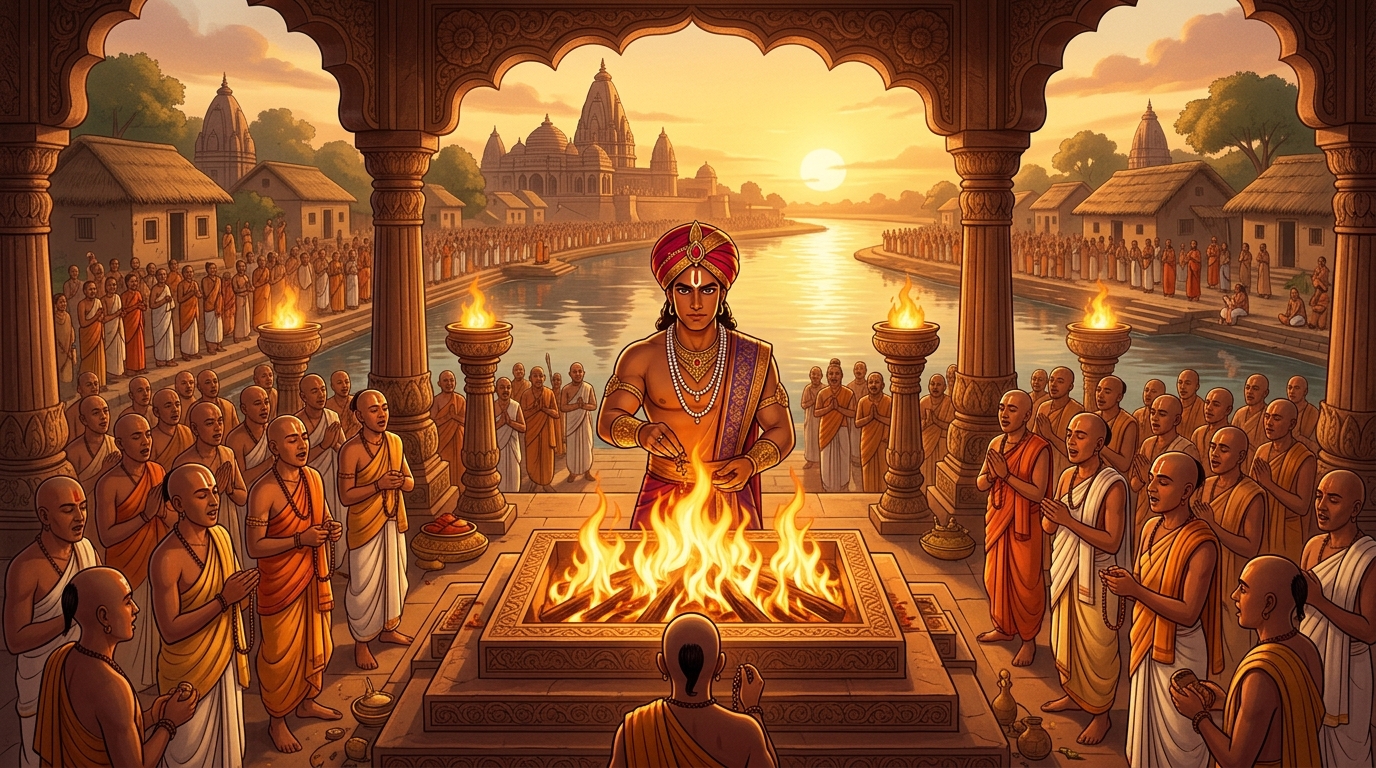 On the banks of Shipra river, Vikramaditya performs a magnificent Vishwa-Kalyana Yajna