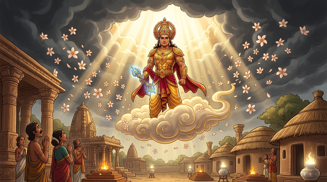 The skies part with golden light as Lord Indra descends upon a cloud with Parijata petals