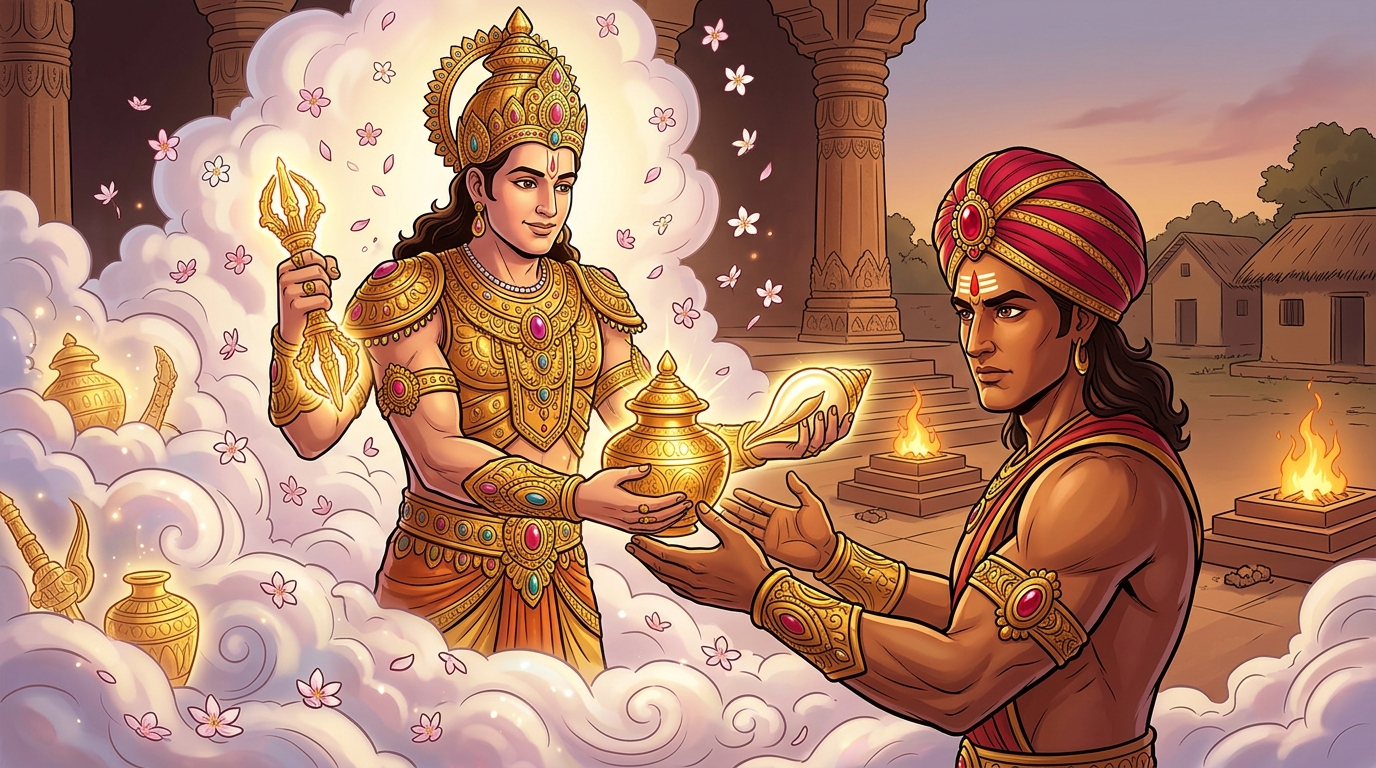 Lord Indra presents two blazing celestial treasures: the Akshaya-Kumbha and Suvarna-Shankha