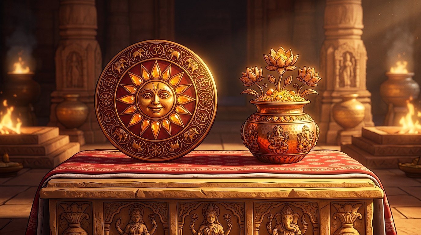 Close-up of the two miraculous artifacts resting upon the sacred altar