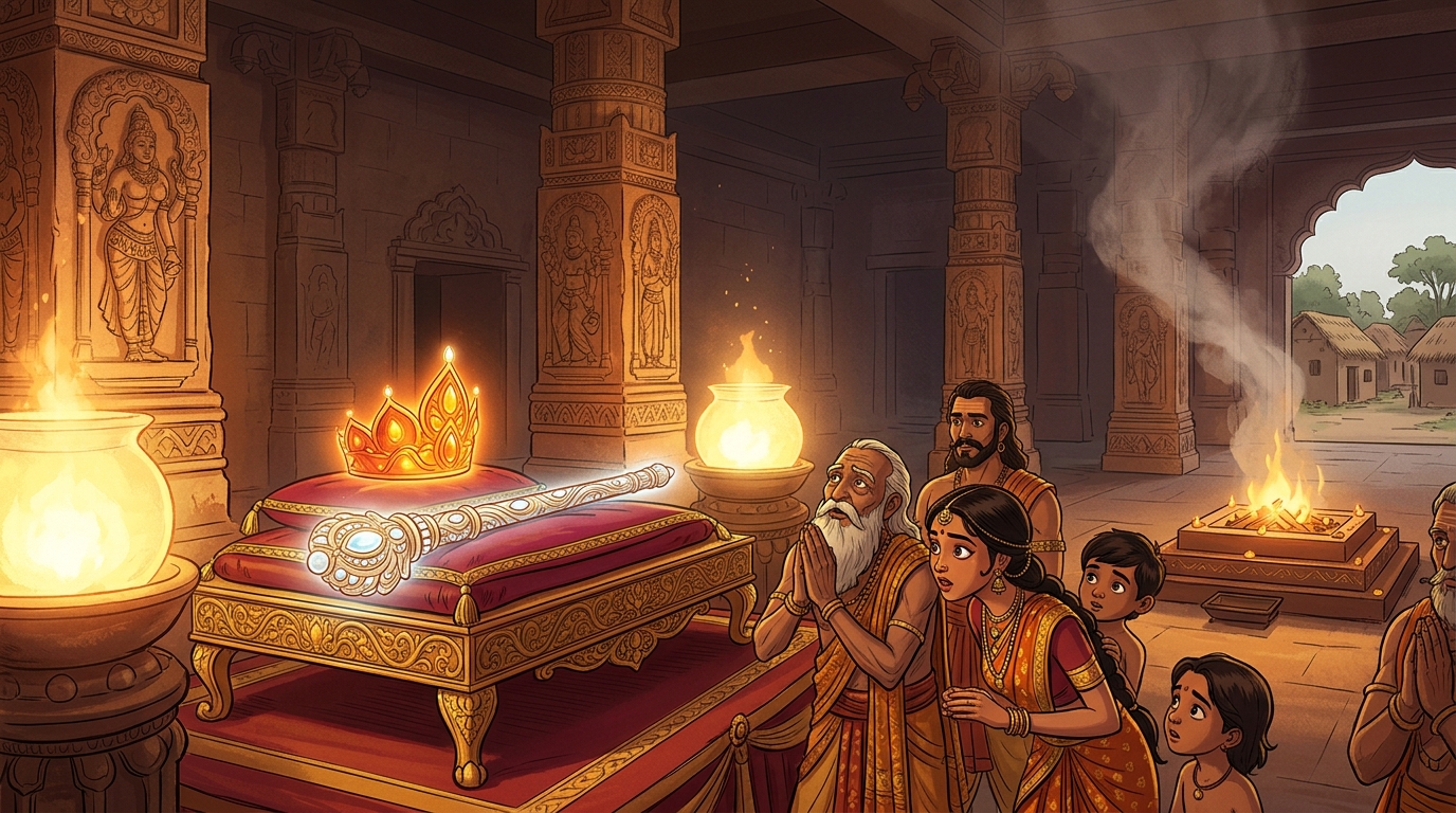 The two celestial treasures installed upon a sandalwood dais in Ujjayini palace