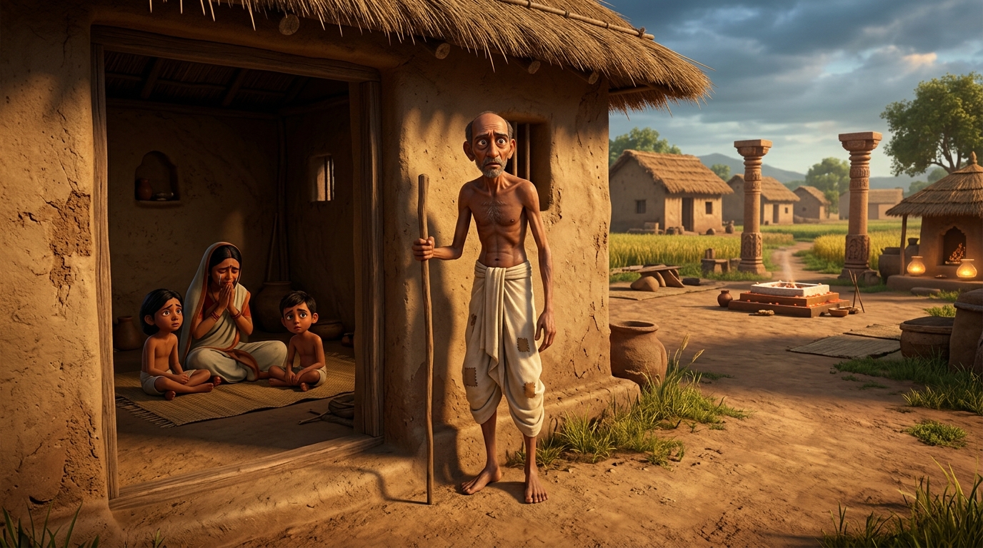 In a dilapidated mud cottage, Devasvami watches his weeping family shiver on straw mats