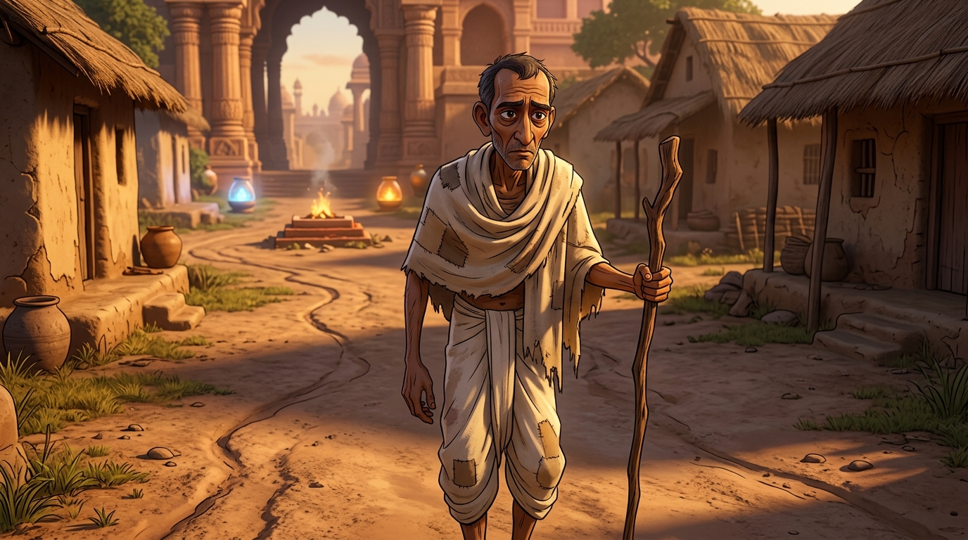 Bitter with poverty, Devasvami takes his wooden staff and journeys toward Ujjayini