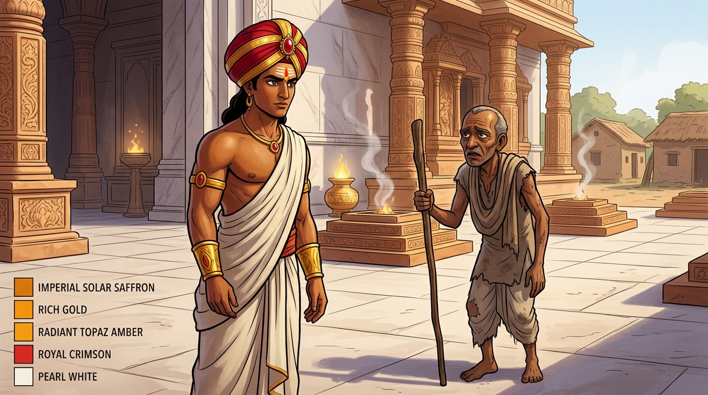 Outside the palace gates, Vikramaditya in simple citizen's robes encounters the weary Brahmin