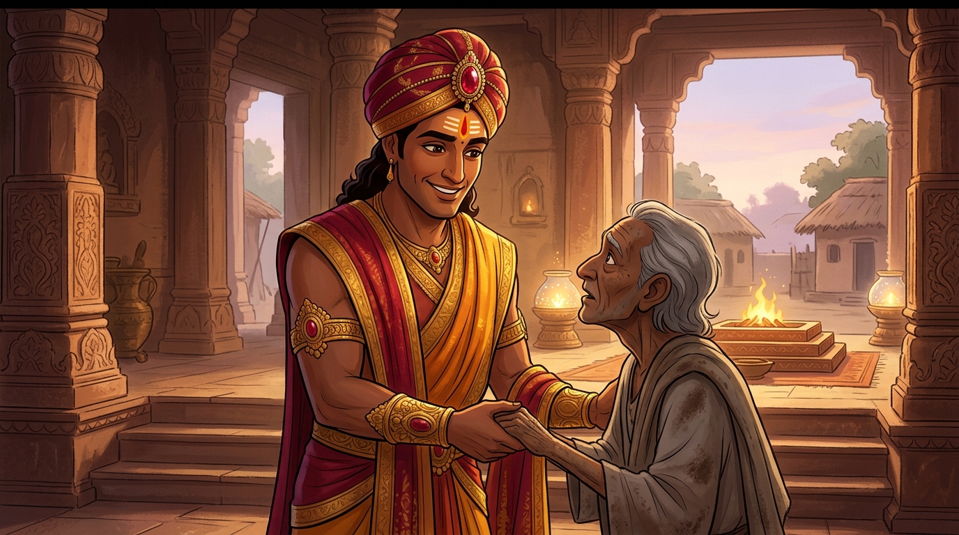 Instead of anger, Vikramaditya smiles with empathy, escorting the scholar inside