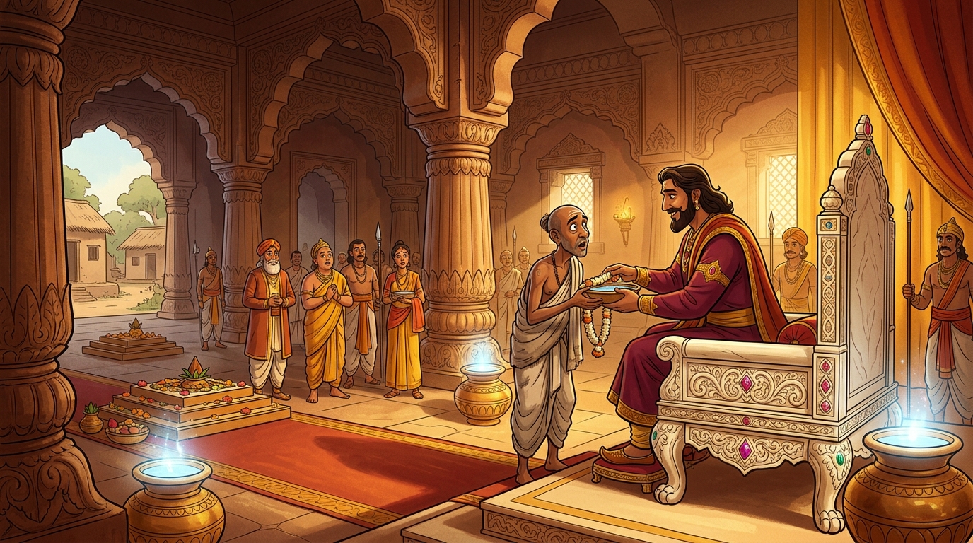 Vikramaditya seats the astonished poor Brahmin upon an ivory throne in the audience hall