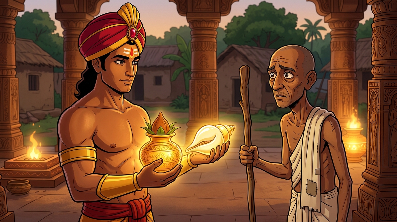 Vikramaditya presents both celestial treasures before Devasvami