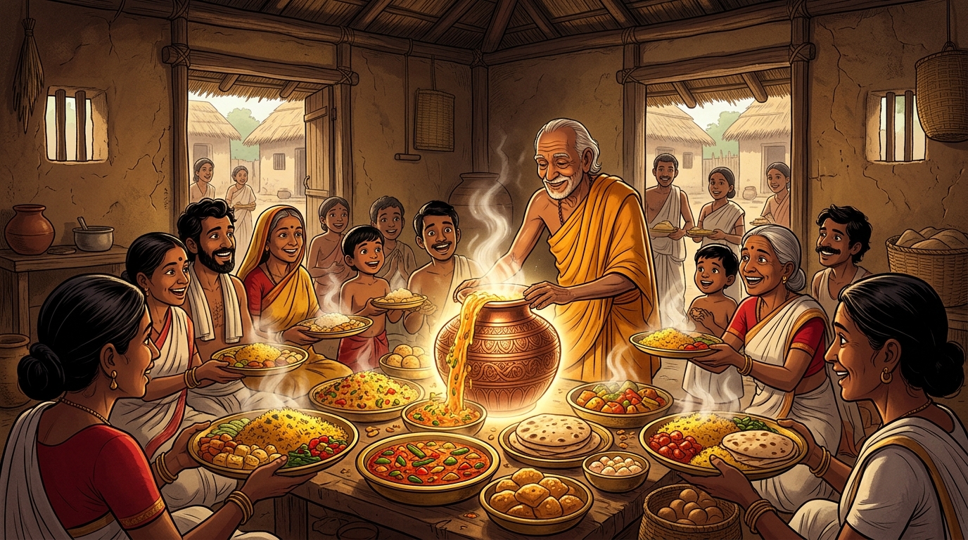 Devasvami blows the Suvarna-Shankha; sparkling rubies and gold coins flood his earthen floor