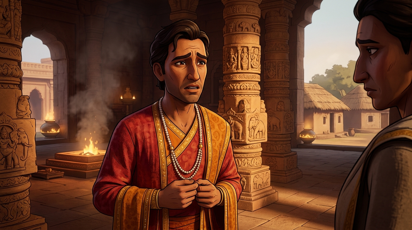 Without a second's hesitation, Vikramaditya places both celestial treasures into the Brahmin's hands