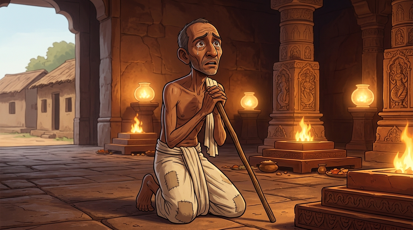 Emperor Vikramaditya embraces the weeping scholar, watching him return to his village
