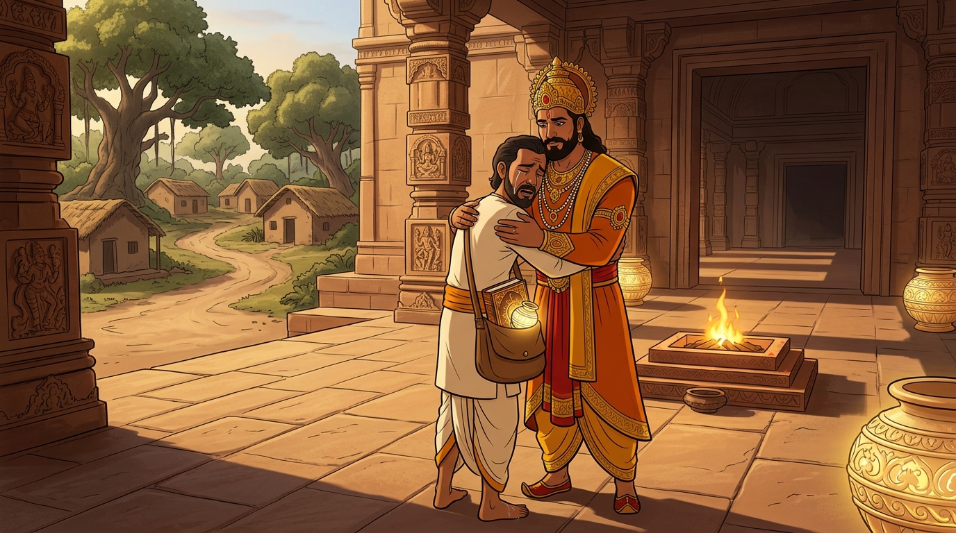 Emperor Vikramaditya stands in quiet humility as the scholar departs with the divine treasures