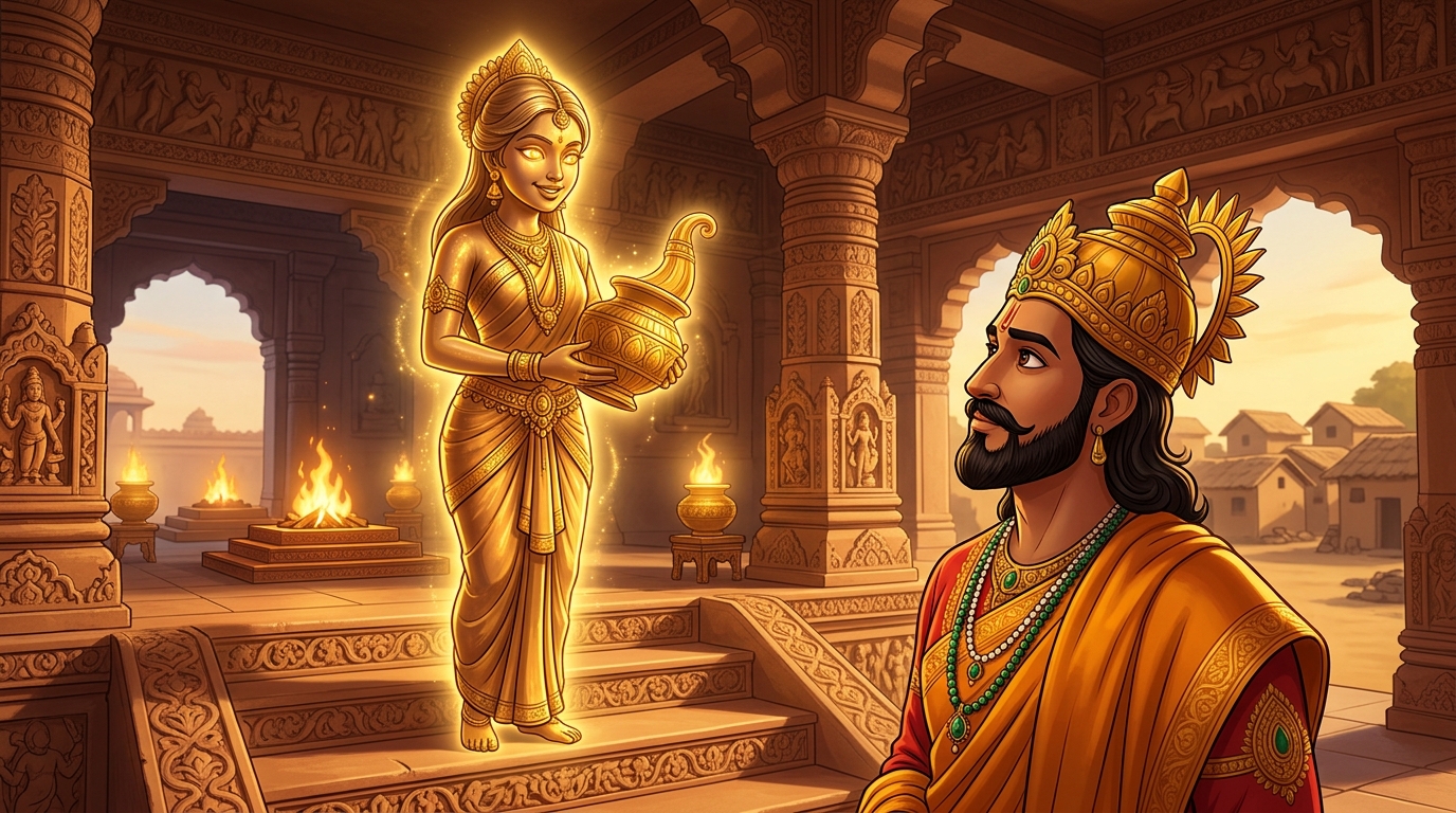 Back in Dharanagari palace, Kaushalya looks directly at King Bhoja with glowing topaz-golden eyes