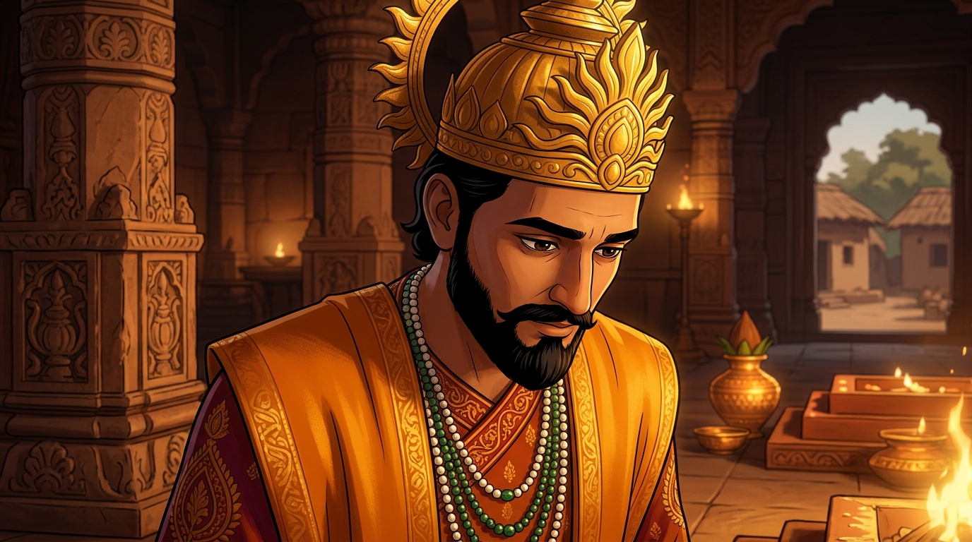 King Bhoja lowers his head in deep humility and introspection, acknowledging Vikramaditya's charity