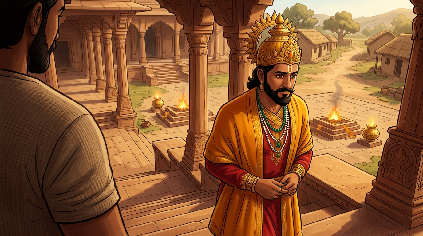 King Bhoja steps down from the seventh step, ordering free community kitchens built