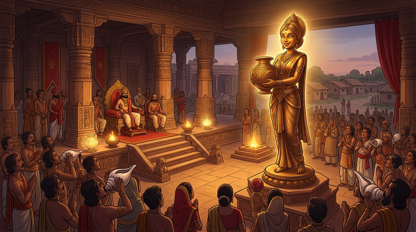 Twilight conches sound across Dharanagari as Kaushalya smiles and freezes back into silent bronze
