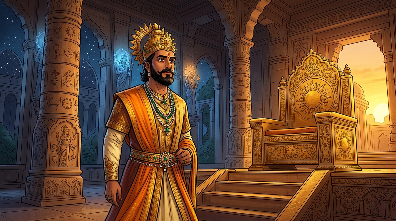 King Bhoja in sacred saffron silks approaches the eighth step of the golden throne
