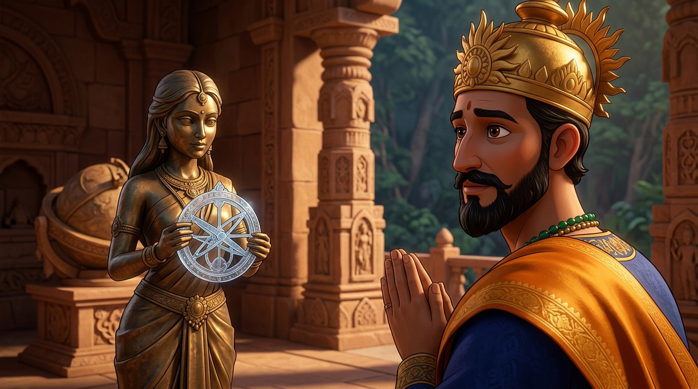 King Bhoja halts in deep reverence with folded hands, gazing at the living bronze maiden