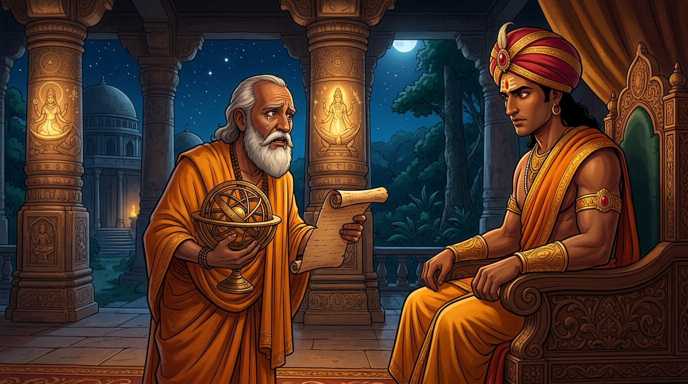 In open Ujjayini court, Varahamitra presents the fatal horoscope with tears, begging the King to hide