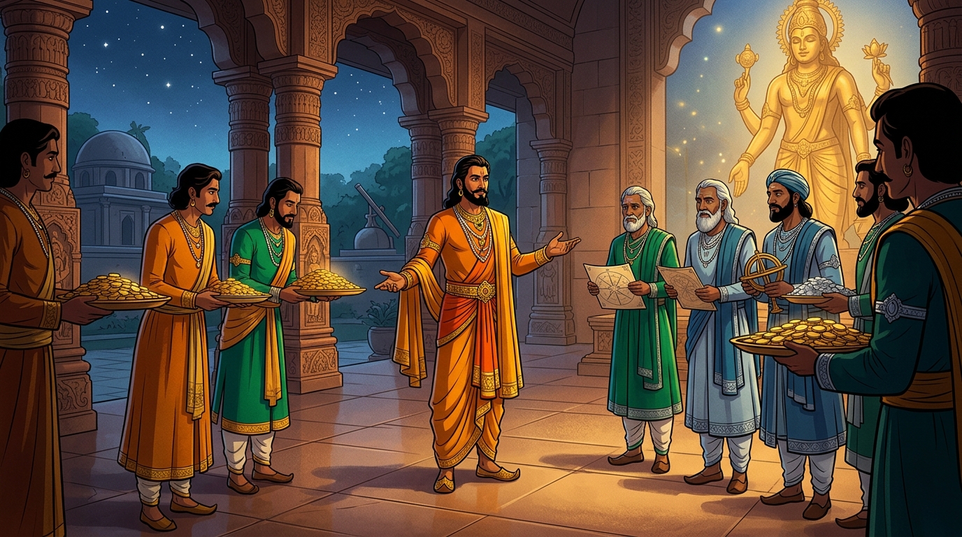 Vikramaditya orders the royal astrologers rewarded with gold for their scientific accuracy