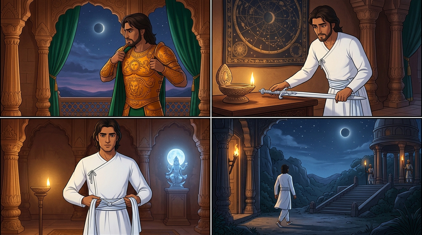 At twilight on the eclipse day, Vikramaditya removes his royal armor and sword