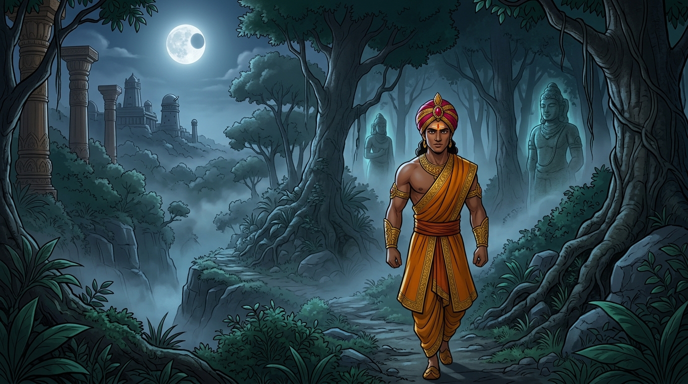 Under the full moon eclipse, Vikramaditya walks alone into the dense Mahavana wilderness
