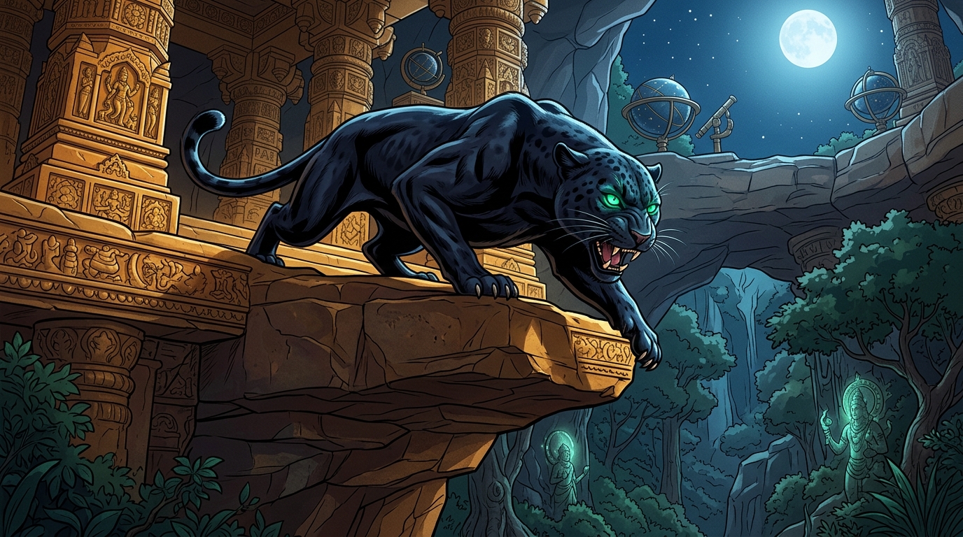 On a high rocky ledge, the giant black leopard crouches with bared fangs and glowing green eyes