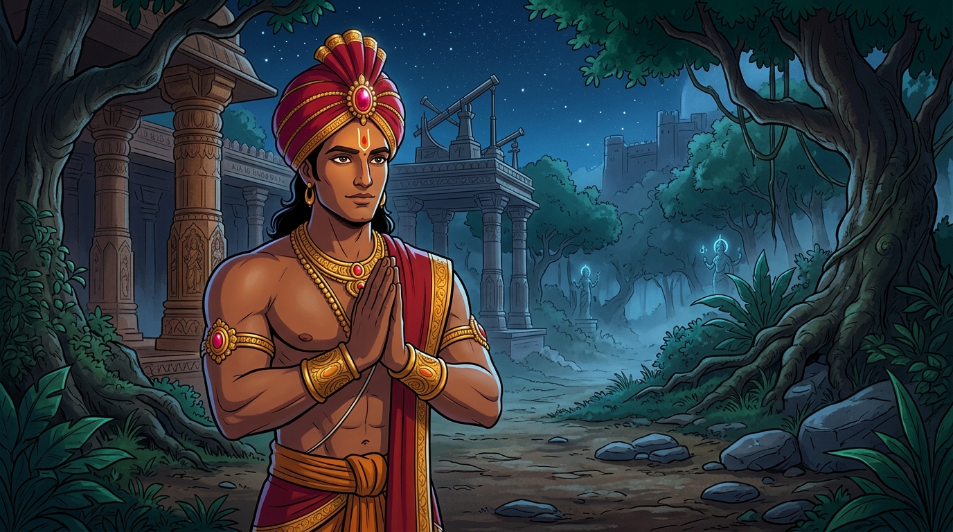 Vikramaditya stands calmly in the clearing with folded hands, projecting unconditional love