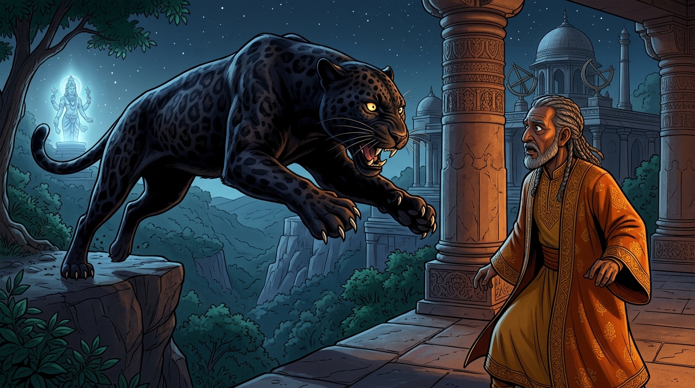 The giant black leopard leaps off the cliff ledge, landing five paces from the unarmed Emperor