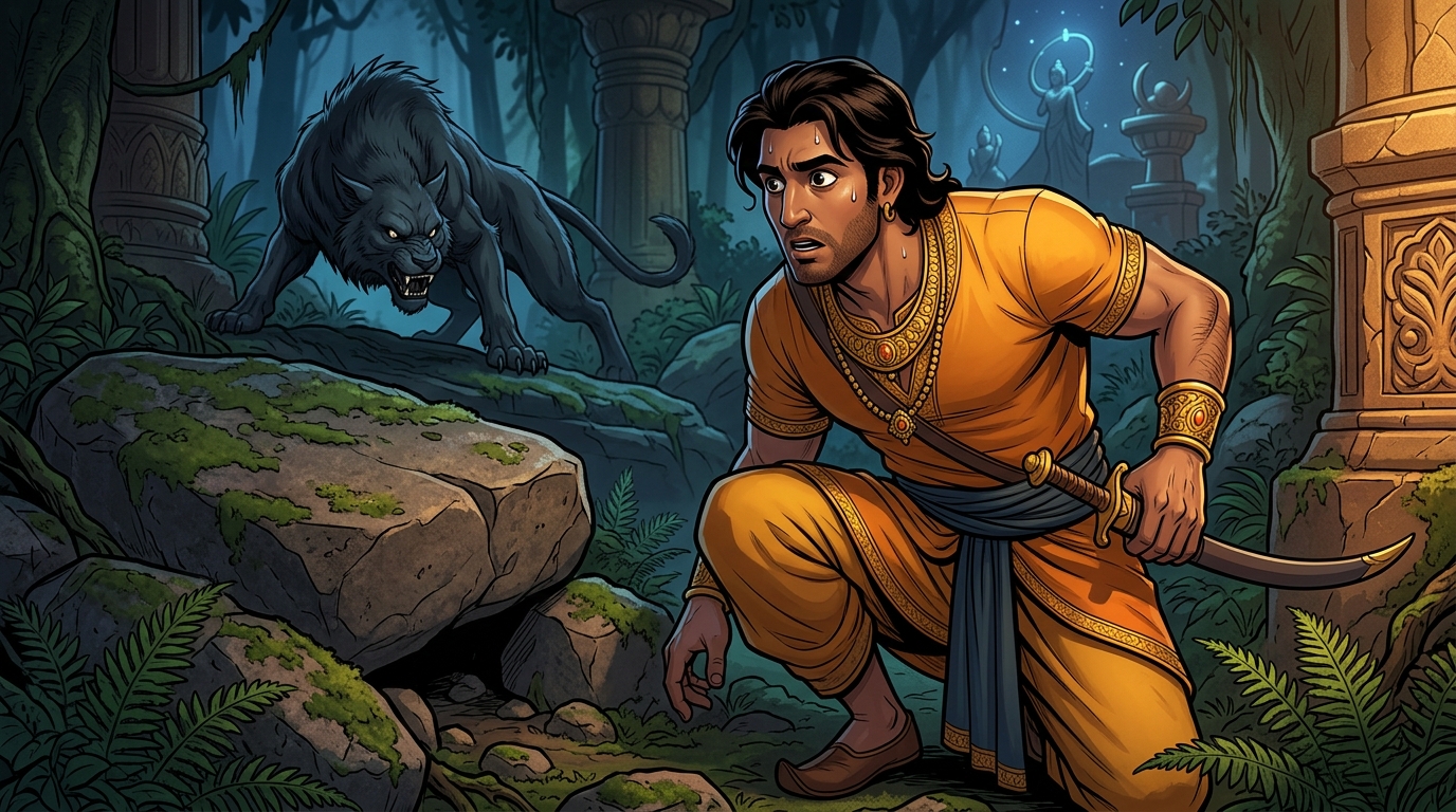 As the beast crouches to strike, Vikramaditya hears a faint whimper from beneath a boulder