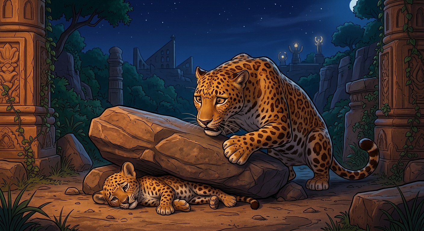 Beneath the heavy rock lies the leopard's newborn cub, pinned and slowly dying