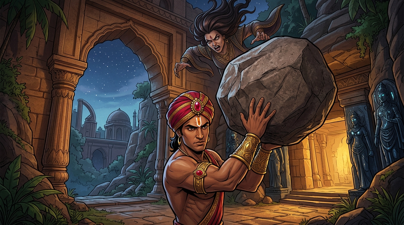 Ignoring the snarling mother, Vikramaditya uses immense warrior strength to hoist the boulder