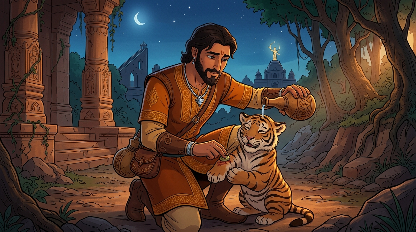 Vikramaditya gently lifts the injured cub, applying herbal balm and pouring water