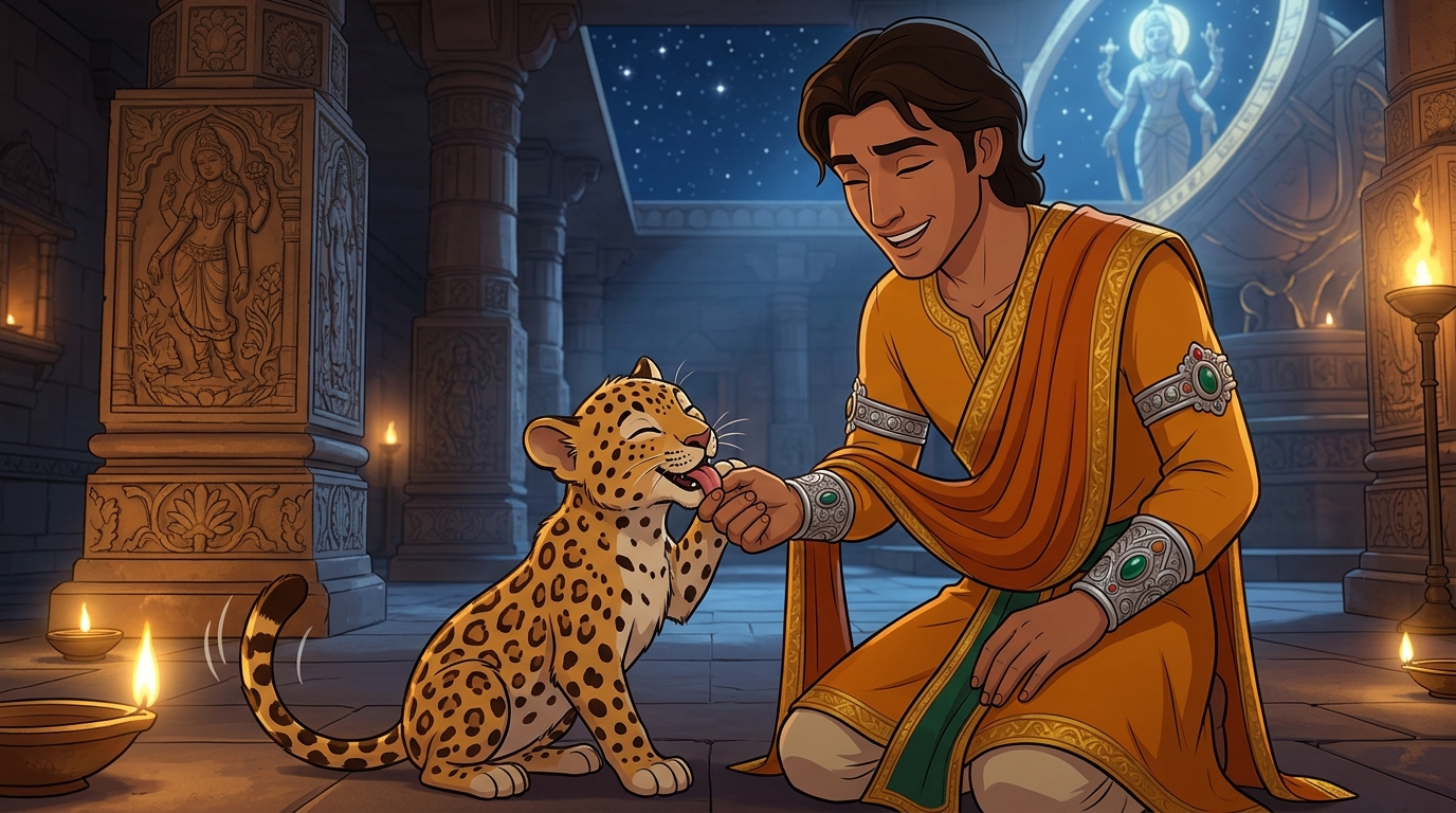 The healed little cub purrs and playfully licks Vikramaditya's fingers
