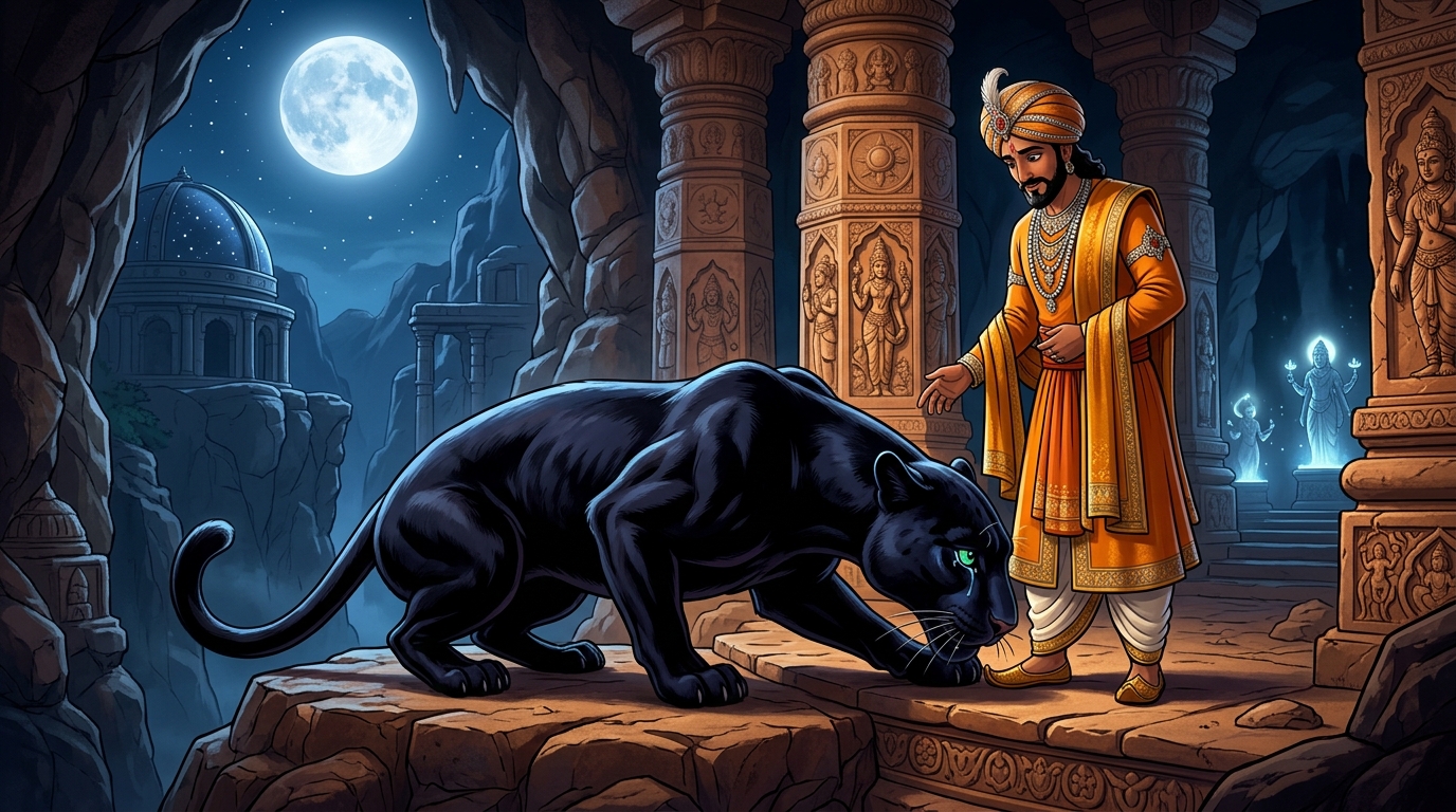 Overwhelmed by love, the leopard lowers her fangs, nuzzling against Vikramaditya's feet