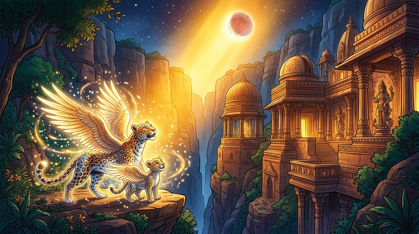 The lunar eclipse passes as a golden light envelops the canyon, transfiguring the leopards