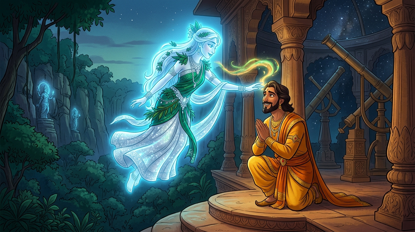 The celestial forest spirit blesses Emperor Vikramaditya with perpetual victory