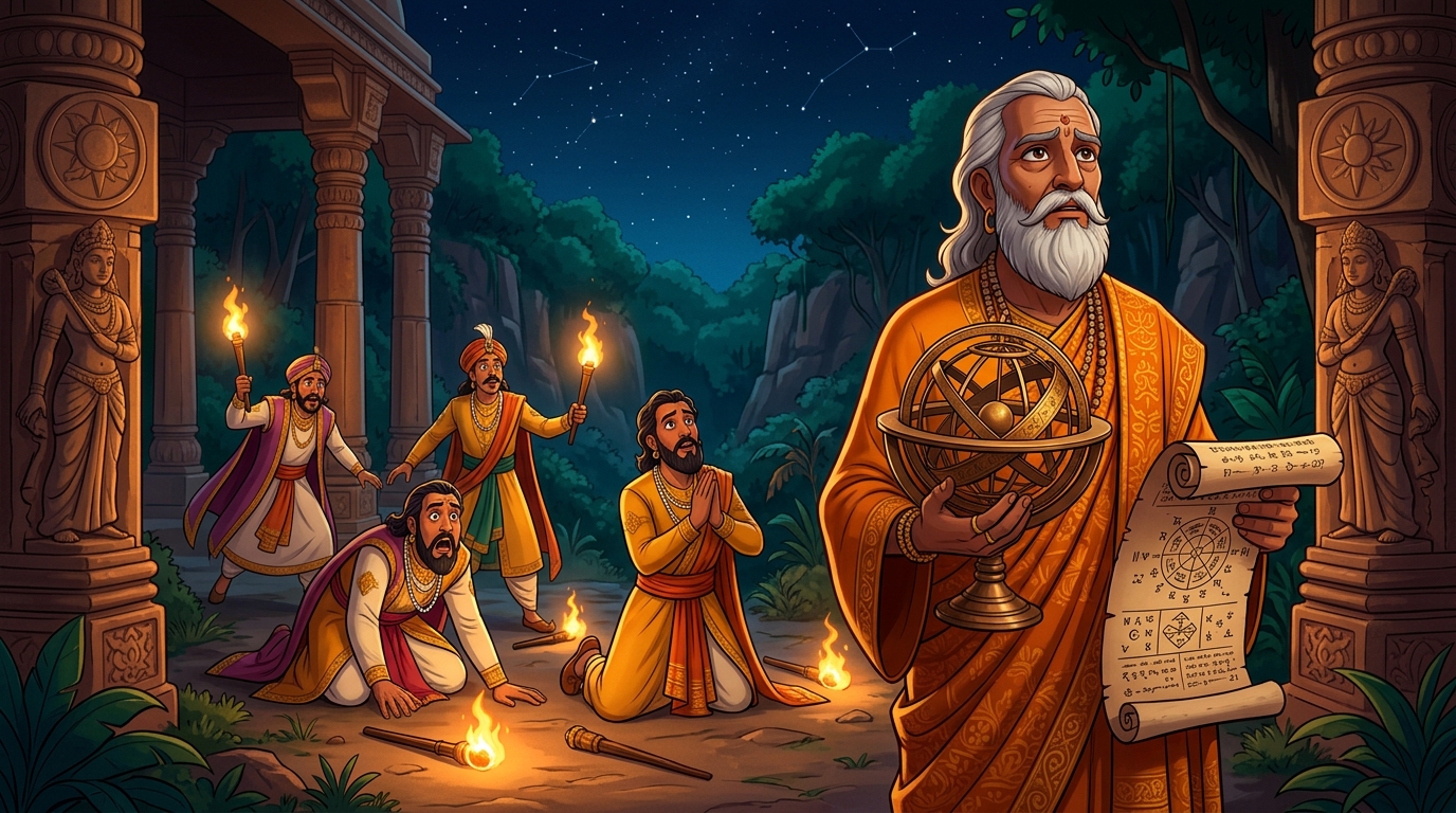 Astrologer Varahamitra and royal ministers drop their torches and fall to their knees in awe