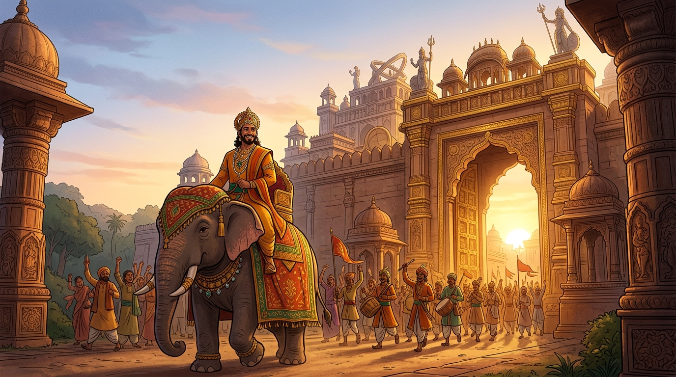 Emperor Vikramaditya leads the joyful royal procession back toward Ujjayini at sunrise