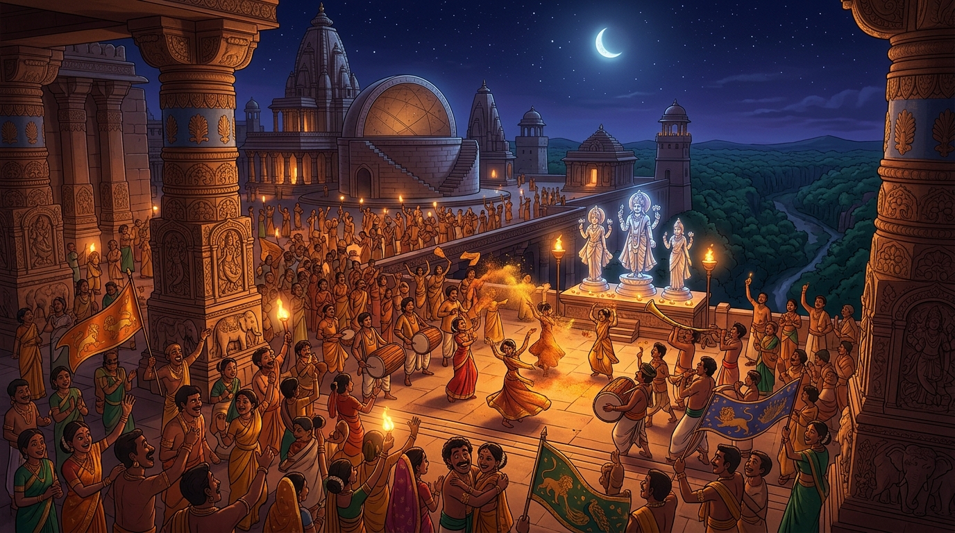 The citizens of Ujjayini celebrate the triumph of fearless love over fatalistic fear