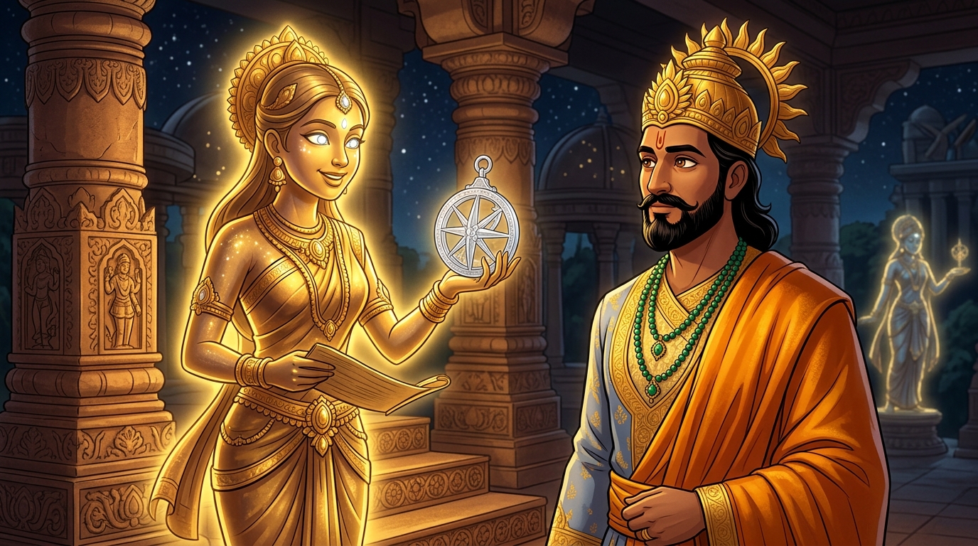 Back in Dharanagari palace, Sukhavika looks directly at King Bhoja with diamond-crystal eyes
