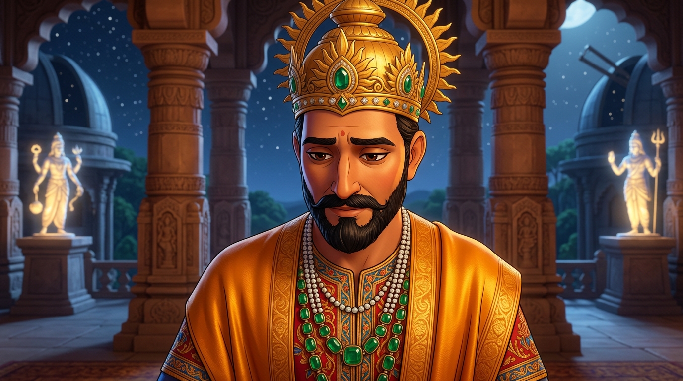 King Bhoja lowers his head in deep humility and introspection, acknowledging Vikramaditya's fearlessness