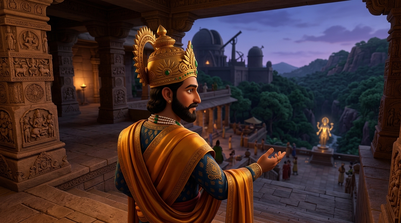 King Bhoja steps down from the eighth step, ordering royal animal sanctuaries established