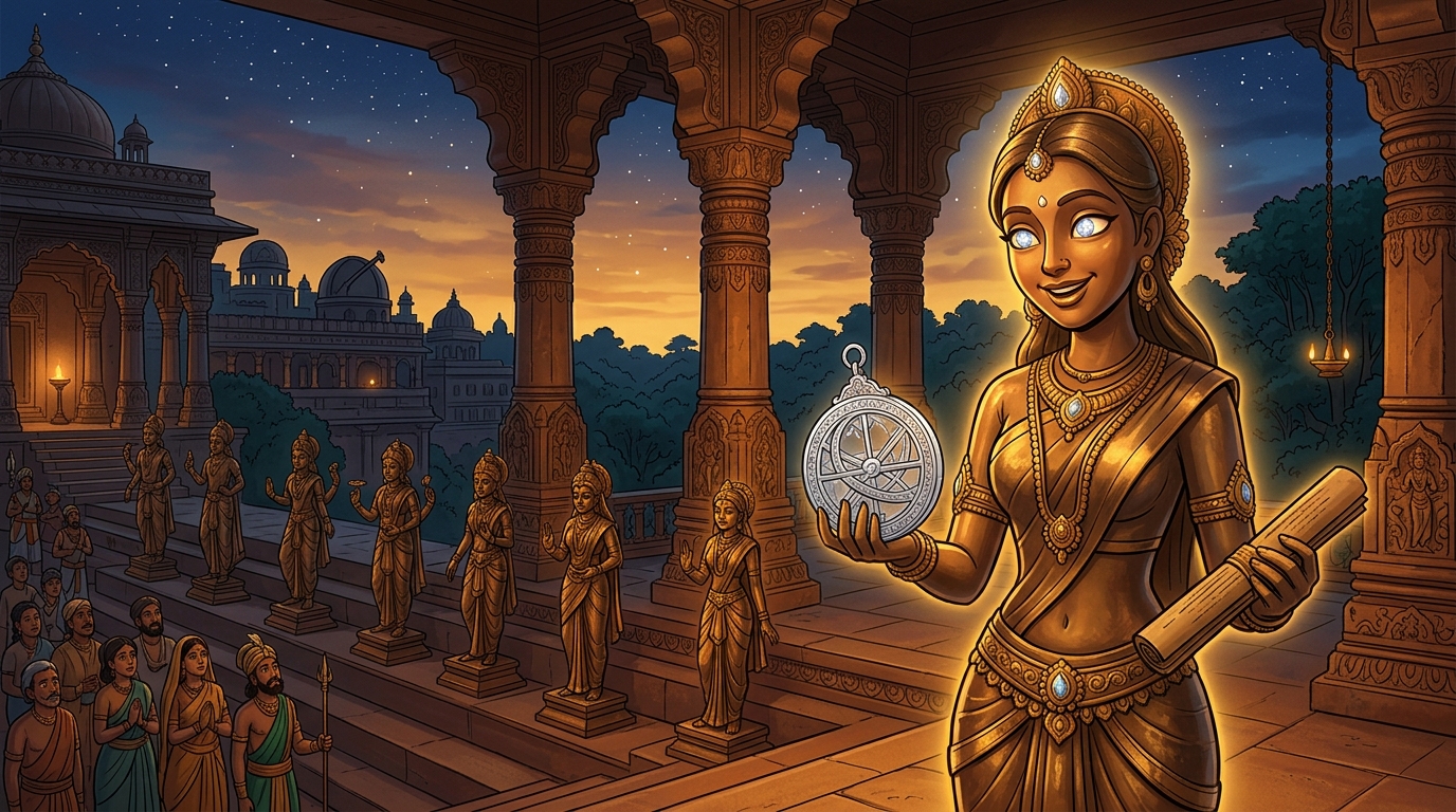 Twilight conches echo as Sukhavika smiles and freezes back into silent bronze, concluding Season 1