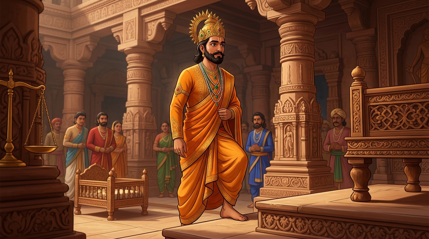 King Bhoja in sacred saffron silks approaches the ninth step of the throne