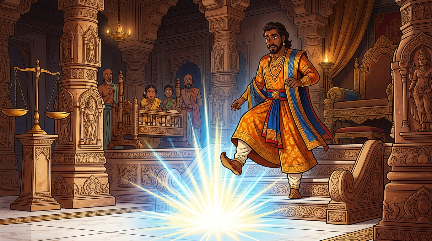 The marble floor erupts with brilliant sapphire-azure and golden radiance