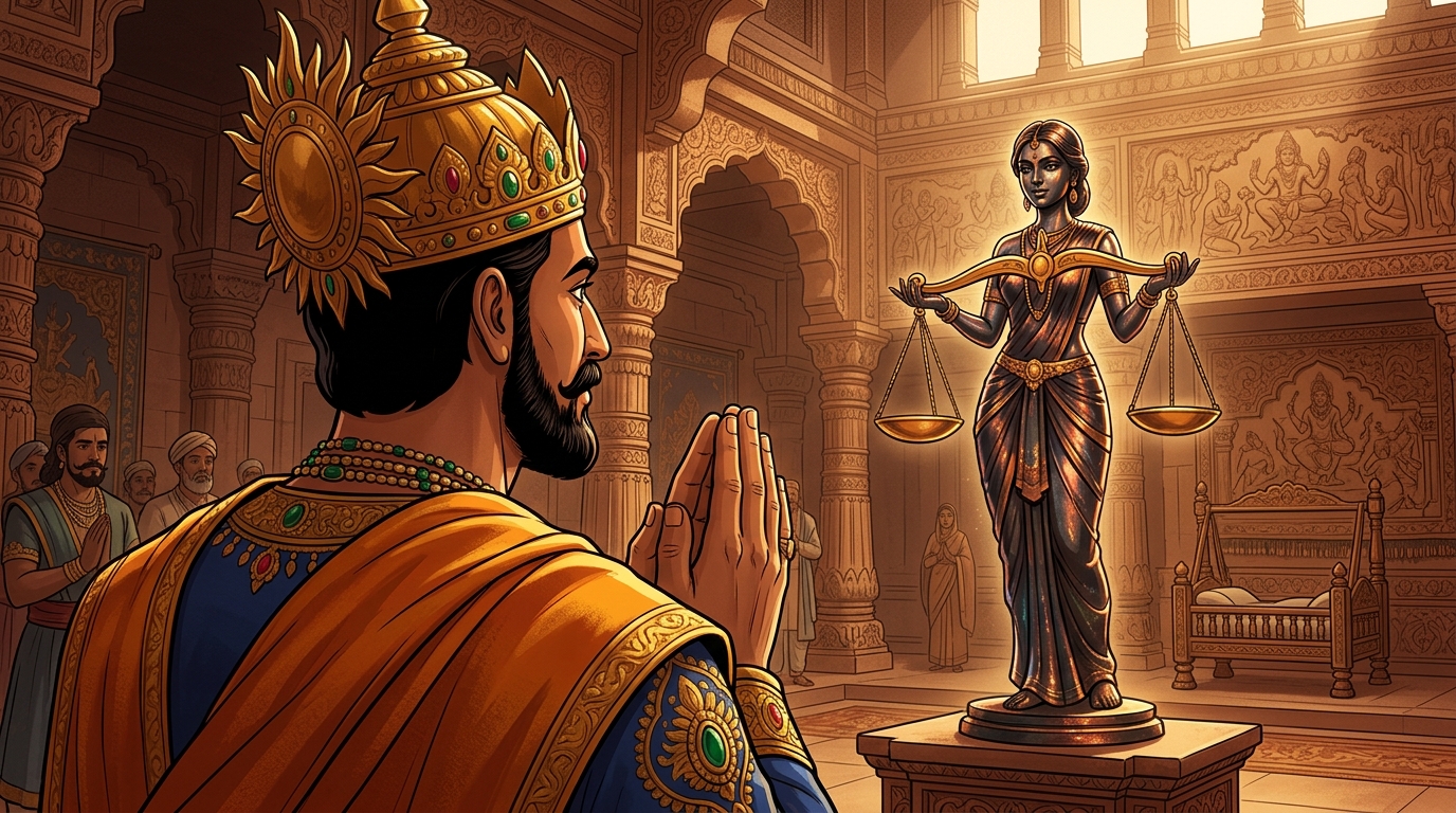King Bhoja halts in deep reverence with folded hands, gazing at the living bronze maiden